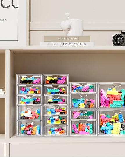 ARSTPEOE Makeup Acrylic Organizer with 17 Drawers(4 Sets), Desk Organizers and Accessories, Clear Makeup Organizer, Dustproof Storage Drawers for Office Art Craft Supplies