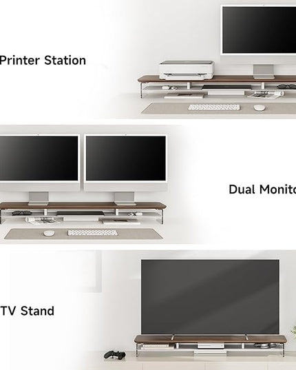 Fenge Acrylic Monitor Stand Riser, 42.5 Inches Dual Monitor Stand with Metal Storage, 2 Tier Acrylic Computer Riser for Desk, Clear Laptop Stand for PC, Laptop, Printer, TV, Brown