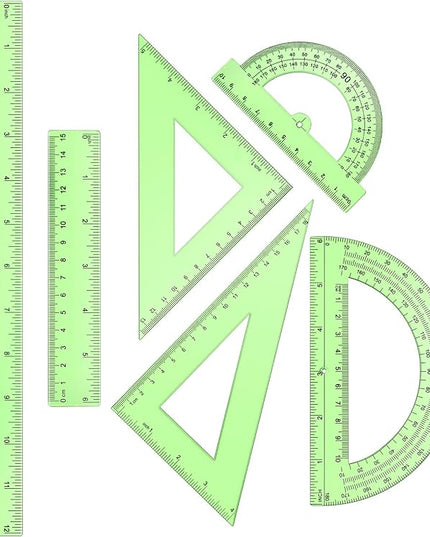 Tenare 6 Pcs Plastic Ruler Math Set Includes 12 Inch 6 Inch Straight Protractor Triangle Geometry Transparent Math Ruler Measuring Tools for School Office Home(Green)