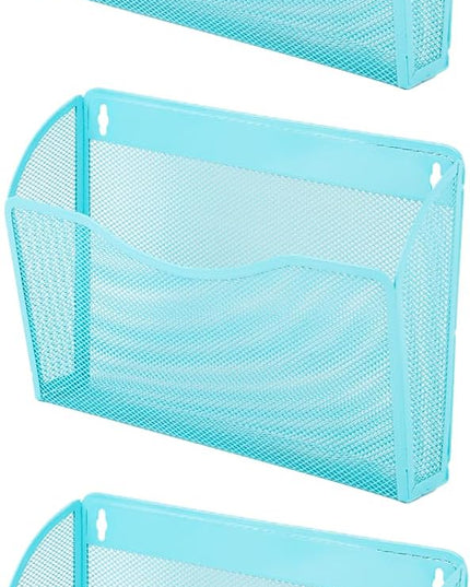 EASEPRES 3 Single Pocket Mesh Hanging File Organizer, Vertical Wall Mounted Magazine File Holder, Mount Basket Mail Paper Document Folder Organizing for Office, Home and School, Blue