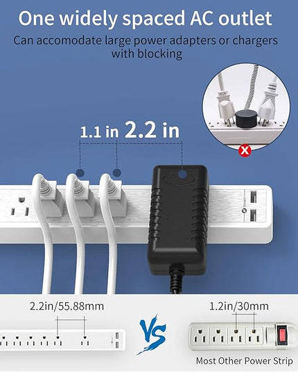 25ft Extension Cord Power Strip, 6 Outlets Surge Protector with 2 USB Ports, 15 A Circuit Breaker, Widely Spaced Outlet, Long Power Strip with Flat Plug Wall Mount for Home Office, Old House