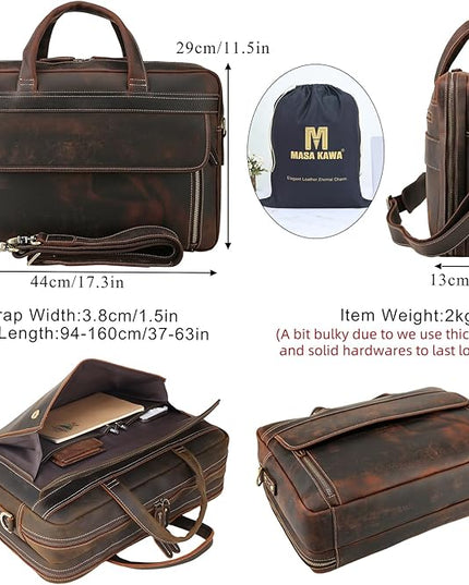 Masa Kawa Leather Briefcase for Men 15.6", 17" Laptop Computer Case Business Travel Work Messenger Cross Body Shoulder Bag