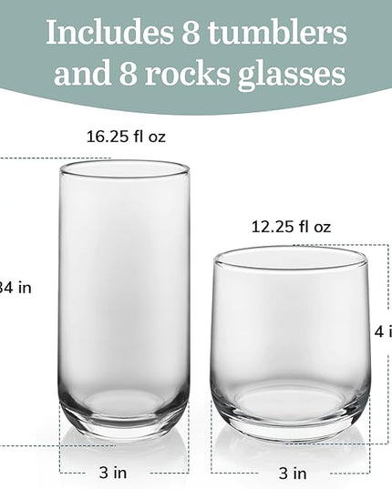 Libbey Ascent Tumbler and Rocks Drinking Glasses Set of 16, Glass Drinking Glasses with Curvature, Versatile Glassware Set for Parties and More