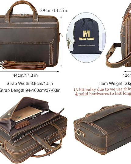 Masa Kawa Leather Briefcase for Men 15.6", 17" Laptop Computer Case Business Travel Work Messenger Cross Body Shoulder Bag