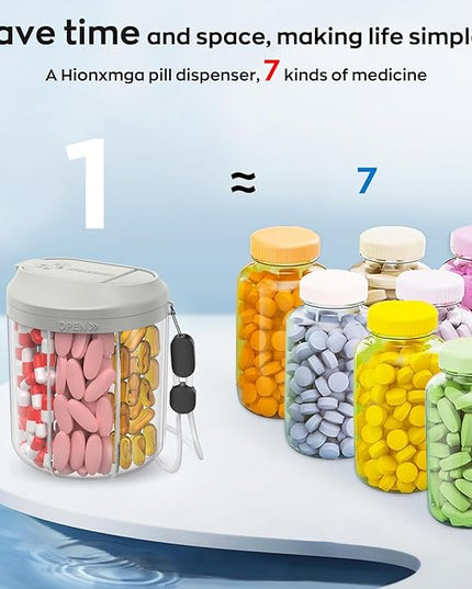 Pill Dispenser with 7 Large Compartments, 4.4" H x 3.6" Dia Pill Organizer for Travel, Supplement Organizer with Anti-Mixing Design, BPA-Free Pill Container with 20 Pcs Labels, Grey