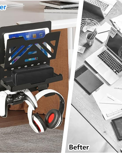 MAXECHO Desk Side Storage Holder, Metal Pegboard, Above or Under Desk Laptop Mount, Table Side Hanging File Organizer, Clamp On Cable Management Tray, Peg Board for Gaming, Office