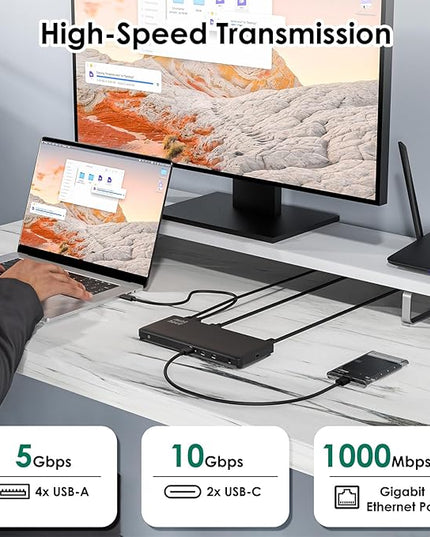 Minthouz 12 IN 1 Docking Station with 100W Charging, Triple Display, 1000Mbps LAN Port, Laptop Docking Station Monitor Single 8K or Triple 4K, 4X USB-A, 2X USB-C, Ethernet Port, for Windows Mac Chrome