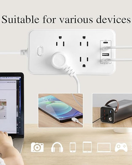 10FT Power Strip Extension Cord Surge Protector with 8 Outlets and 2 USB & 2 USB-C Port(5V 3.1A),Bold Extension Cord with Fuse Surge Protected Power Strip for Home Office (White)