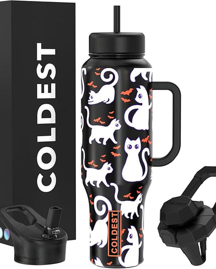 Coldest Tumbler with Handle and Straw, 100% Leak Proof Insulated Tumbler with Lid and Straw (3 Lids), Stainless Steel Tumblers for Women & Men, Cup Holder Friendly Base, 46 oz (Bats and Cats)