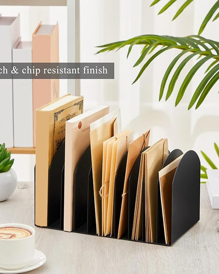 Suzile Metal Desktop File Organizer, 10 Compartments, Vertical File Sorter, Black, 10.63 L x 5.79 W x 5.41 H, Office, Reception Areas, Workspace
