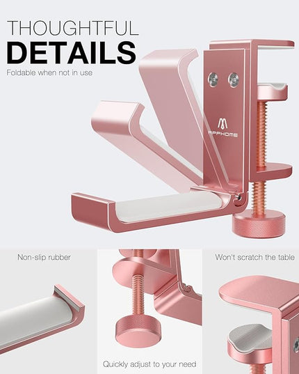 Foldable Headphone Stand and Hook – Aluminum Headset Holder Clamp Mount Under Desk, Universal Fit for Gaming Headphones, Space-Saving Hanger Organizer