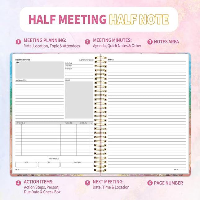 SUNEE Half Meeting Half Note - 7.5"x10" Professional Notebooks for Work - 160 Pages, B5 Size Project Planner, Spiral Meeting Agenda/Minutes Organizer for Women Men, Note Taking, Office & Business