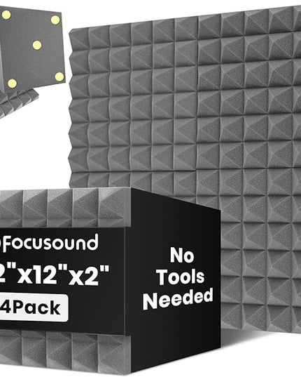 Focusound Grey Acoustic Panels 24 Pack 2"x12"x12" with 120 PCS Double-Side Adhesive - Sound Proof Pyramid Foam for Walls, Home Studio Noise Absorption & Echo Control Kit