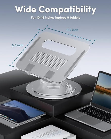 Lifelong Adjustable Laptop Stand with 360° Rotating Base, Ergonomic Computer Stand for Desk, Foldable & Portable Laptop Riser Holder Fits All MacBook, Laptops 10-16 Inches, Silver