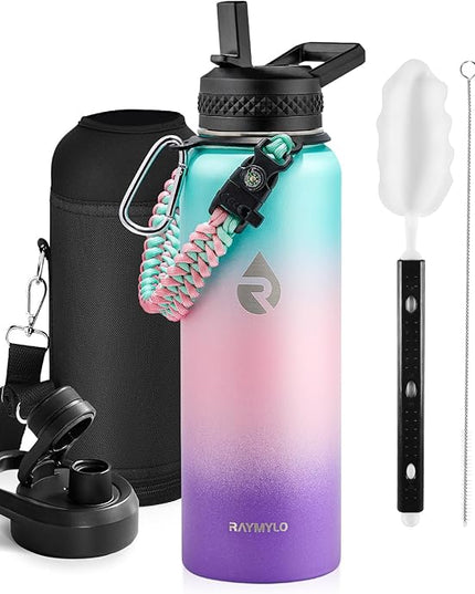 Insulated Water Bottle 40 oz, Triple Wall Vacuum Stainless Steel (Cold for 48 Hrs), Leak Proof & BPA-Free, Modern Water Flask Jug with Paracord Handle & Straw Spout Lids, Hydrangea