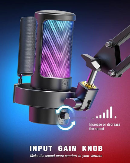 FIFINE Gaming Microphone, USB PC Mic for Streaming, Podcasts, Recording, Condenser Computer Desktop Mic on Mac, with RGB Control, Mute Touch, Headphone Jack, Pop Filter, Stand-AmpliGame A8