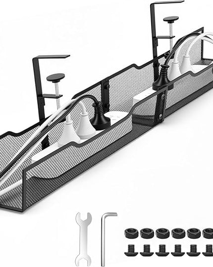 No Drill Under Desk Cable Management Tray, Extended-Length Metal Mesh Wire Organizer with Heavy Duty Clamp Mount for Home Office Standing Desk - Damage Free Cord Organization Solution