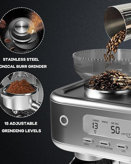 IDEALHOUSE Espresso Maker with Grinder,Milk Frother, 15 Bar Pump, 15 Grind Settings, Digital Display, High Power Milk Frother, Digital LCD Screen, Stainless Steel Coffee Maker for Home and Office