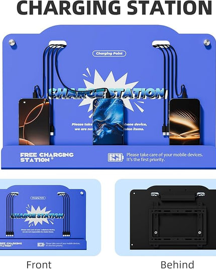 8-Port Wall Mounted Charging Station with Universal Cables – Fast Charging Dock for iPhone, Android & Type-C Devices – Perfect for Office, Airport, Hotel & School Use (Blue)