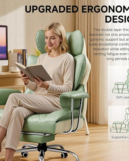 COMHOMA Big and Tall Office Chair, High Back Leather Gaming Chair with Footrest, Executive Ergonomic Office Chairs with Pocket Spring Lumbar Support and with Outward Fixed Soft Armrests