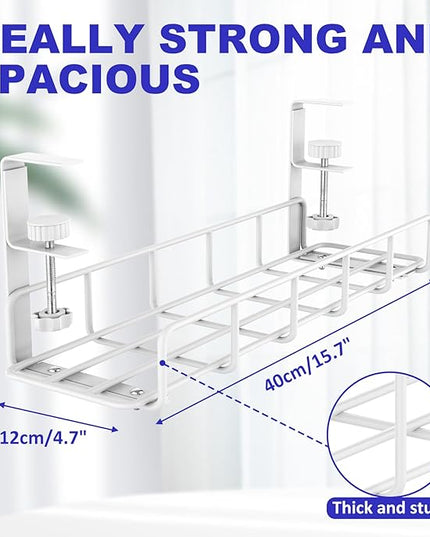 Under Desk Cable Management Tray, 31.5'' No Drill Steel Cable Tray Organizers, Wire Management Tray Cable Rack with Clamp Mount, Metal Under Desk Tray with Wire and Cord Organizer (White, 2 Pack)