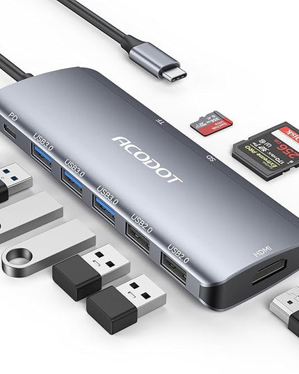 USB C Hub, Acodot 9 in 1 Type C Hub Adapter Portable Docking Station Aluminum Dongle Compatible with MacBook Pro/Thunderbolt 3 Laptops of Type C Devices, with 4K HDMI/ 5 USB Ports/ 100W PD/SD/TF
