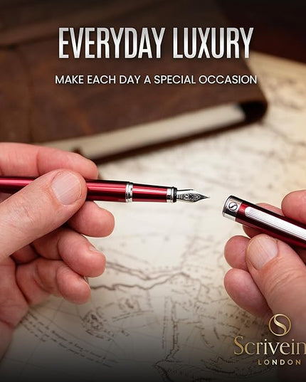 Scriveiner Deep Crimson Red Fountain Pen - Stunning Luxury Pen with Chrome Finish, Schmidt Nib (Fine), Best Pen Gift Set for Men & Women, Professional, Executive, Office, Nice Pens