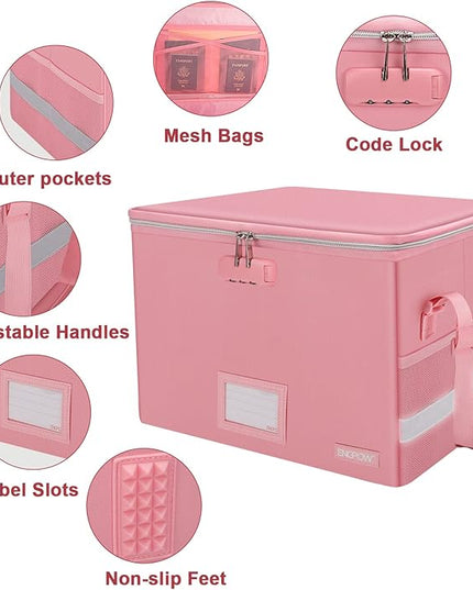 ENGPOW File Box with Lock, Fireproof Document Box with Zipper＆Pockets, Collapsible File Organizer Filing Storage Cabinet with Handle, Portable Home Office Safe for Hanging Letter/Legal Folder, Pink