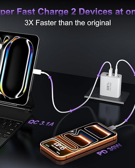 USB C Fast Charger Block, 60W USBC Wall Charger Plug, 2Pack 5-Port Type C Phone Charging Cubes Power Adapter Multiport Brick for iPhone 17/16/15/14/13/12/11/Pro Max/Plus/Air, iPad mini/Pro,Galaxy S25