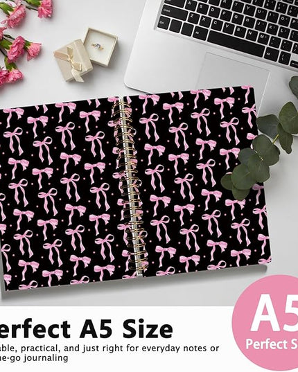 LIANGW Coquette Pink and Black Bow Notebook Journal for Teen Girls & Women, Preppy Cute Journal Gifts for Women, Pink Girly Gifts, Black Office Supplies, Hardcover Spiral Notebook, 5.5x8.3 Inch