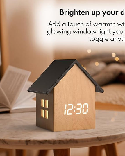 Driini Digital House-Shaped Alarm Clock with Temperature Display (Light Wood) – Modern Aesthetic - Cute Cube Frame and White LED Dimmer - Perfect Large Desk Clock for Bedside Table or Bedroom Mantle
