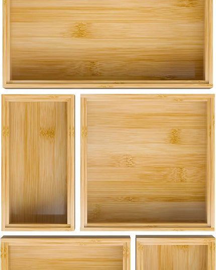 Bamboo Bathroom Drawer Organizer Dividers, Wooden Kitchen Utensil Holder Set of 5, Stackable Junk Drawer Organizer Tray, Multi-Use Storage Bins Boxs for Home, Office, Clothing, Makeup, Jewelry