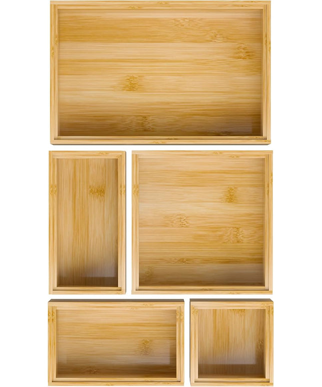 Bamboo Bathroom Drawer Organizer Dividers, Wooden Kitchen Utensil Holder Set of 5, Stackable Junk Drawer Organizer Tray, Multi-Use Storage Bins Boxs for Home, Office, Clothing, Makeup, Jewelry