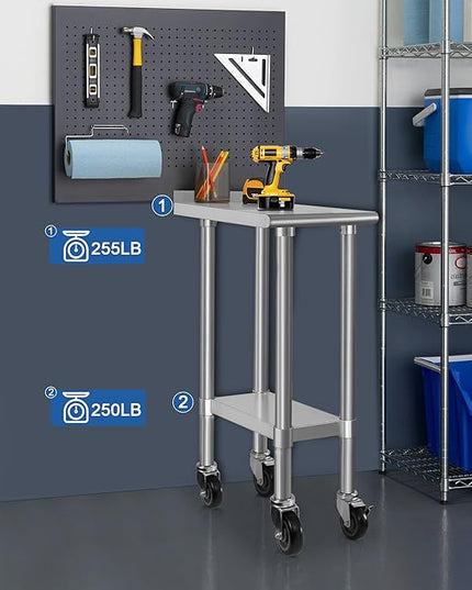 HARDURA Stainless Steel Commercial Work Table with Wheels Prep & Work Metal Table 24×12 Inches Heavy Duty NSF with Casters and 2" Backsplash