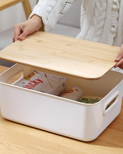 Citylife 4 PCS Storage Bins with Bamboo Lids Plastic Storage Containers for Organizing Stackable Storage Box with Handle, 15.12 x 10.67 x 5.98 inch
