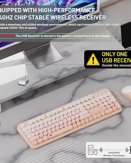 FOPETT 2.4GHz Wireless Keyboard and Mouse Set with Switch Button - Full-Size Keyboard - Compatible for Windows/Laptop/PC/Notebook/Smart TV and More - Pink