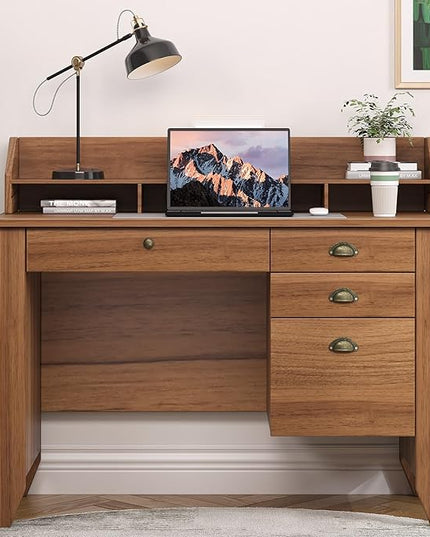 4 EVER WINNER Wooden Desk with Drawers, Small Desk with Monitor Stand and File Drawe, Writing Desk with Drawers for Bedroom Small Spaces, Walnut