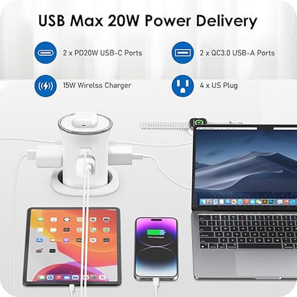 ANNQUAN Motorized Pop Up Countertop Receptacle with 15W Wireless Charger,Max 20W Power Delivery,3.15" Automatic Pop Up Outlet,4 Outlets,4 USB 3FT Cord White