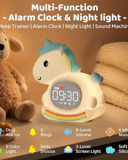 Alarm Clock with Night Light for Kids with Sleep Training and Sound Machine, Rechargeable Silicone Lamp OK to Wake Clock，Cute Animal Tabletop Lamp, Perfect Sleep Companion for Boys Girls，Blue Pony
