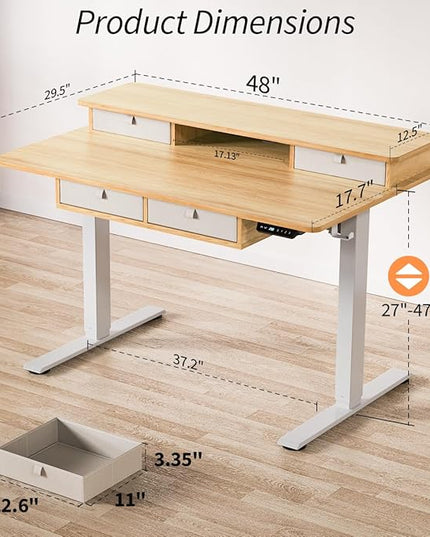 Kingant Standing Desk with Drawers & USB Charging Port, 48" x 30" Height Adjustable Home Office & Gaming Desk, Sit Stand Desk with Built-in Storage Shelf, Hook & Ergonomic Design(Maple)