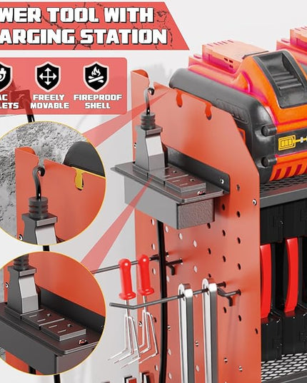 45" Large Power Tool Organizer Wall Mount with Charging Station - 3 Layer Storage Racks with 8 Cordless Drill Holder, 4 Hooks, Heavy Duty Garage Tool Organizer Storage for Workshop Pegboard Basement