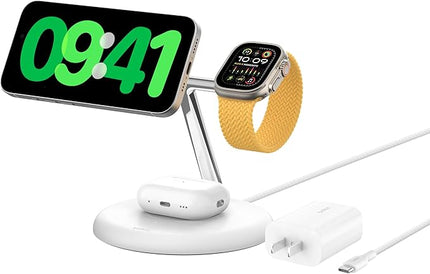 Belkin MagSafe-Compatible 3-in-1 Wireless Charger Stand 15W - Qi2-Certified Wireless Charging Station, Fast Charging of iPhone 16, AirPods, & Apple Watch - 36W Included - White