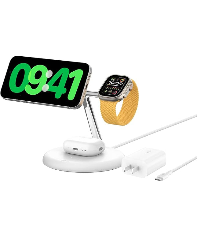 Belkin MagSafe-Compatible 3-in-1 Wireless Charger Stand 15W - Qi2-Certified Wireless Charging Station, Fast Charging of iPhone 16, AirPods, & Apple Watch - 36W Included - White
