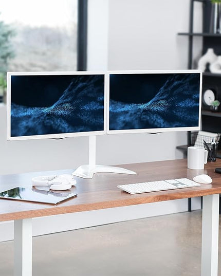 VIVO Dual LED LCD Monitor Mount, Free-Standing Desk Stand for 2 Screens up to 27 Inch, Fully Adjustable Arms with Max VESA 100x100mm, Extra Large Base, White, STAND-V002FW