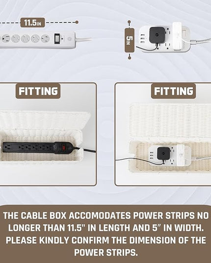 Cable Management Box, Handmade Rattan Cable Organizer, 2 Open Slots Cords Hider Box, Under Desk Cord Organizer for Computer Router USB Hub & Power Strip, Patent Pending, 13" x 5.1" x 5.1", White