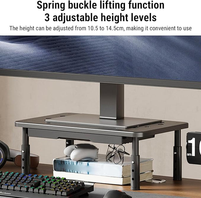 Metal Monitor Stand Monitor Riser with Drawer, 3 Adjustable Height Computer Stand Riser, Office Desk Accessories Workspace Desktop Organizers Storage for Lap (Black)