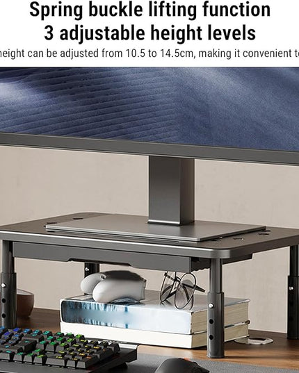 GOWENIC Desktop Computer Riser Stand with Drawer, Monitor Stand Riser 3 Height Adjustable, Laptop Stand for Desk, Desk Organizer for Computer, Laptop, Printer, Notebook (Black)