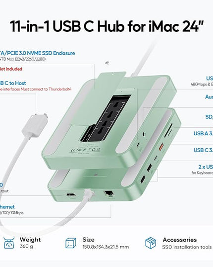 Upgraded 11 in 1 USB C Hub for iMac 24 inch USB Hub 2021 2023 2024 Support M.2 SSD (NOT Included), iMac Hub M1 M3 M4 Accessories, 4K HDMI, 2.5G Ethernet, 5 USB A/C Max 10Gbps, SD/TF - Green