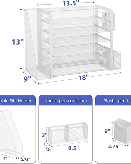 Simple Trending 6 Tier Desk File Organizer, Paper Letter Tray Organizer with File Holder and Pen Container, White