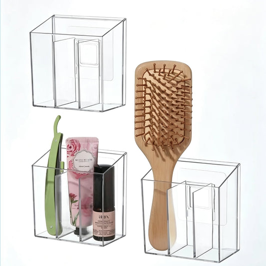 2Pack Wall Mount Clear Acrylic Storage Organizer, Multi Compartment Adhesive Bathroom Makeup Brush Holder, No Drill Hanging Pen Caddy for Vanity, Shower, Desk, Skincare & Office Supplies